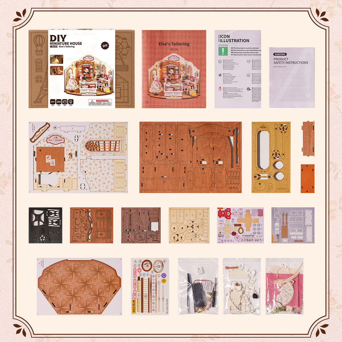 Elsa's Tailoring DG178 materialen en onderdelen detailbord voor de miniatuurhuis kit