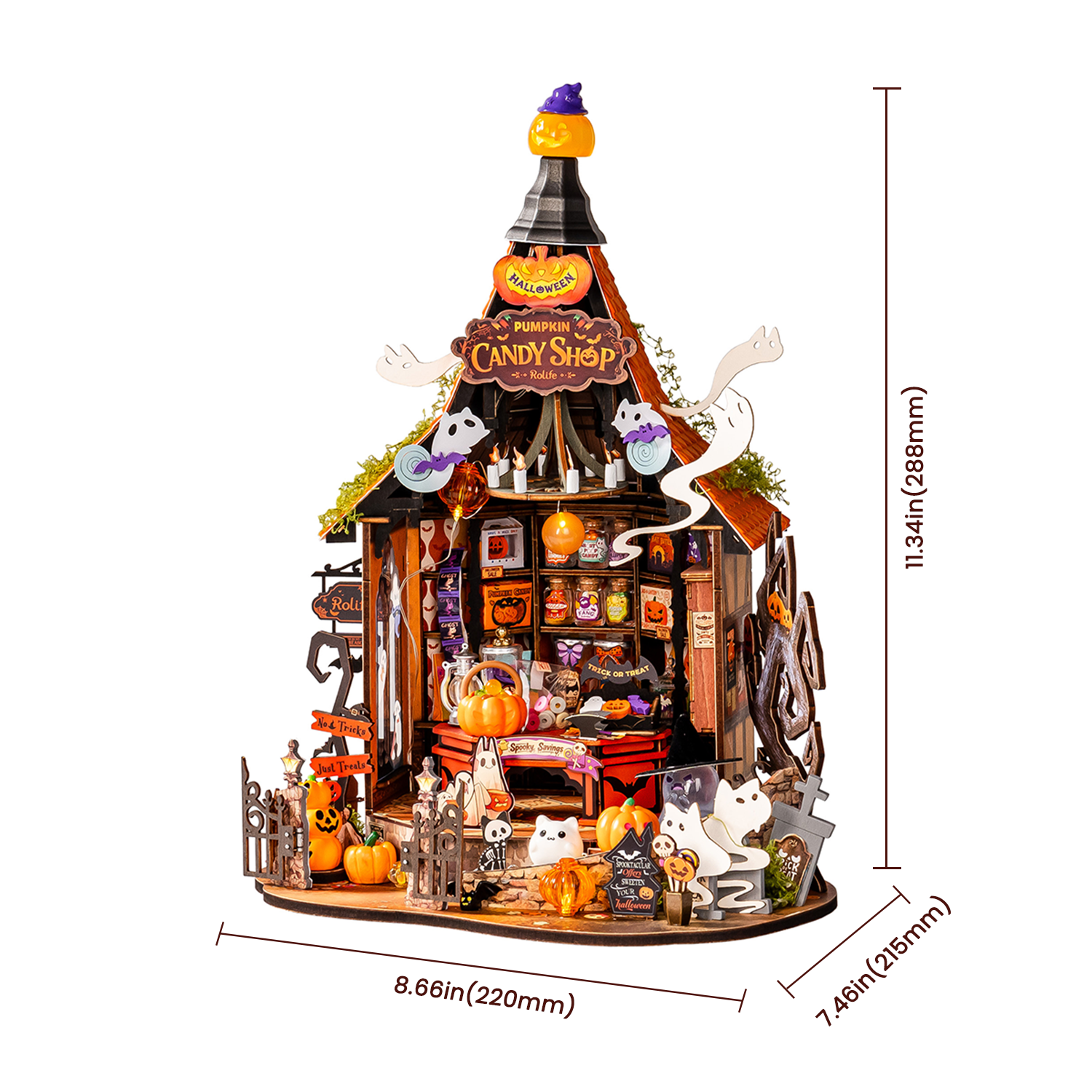 Rolife Haunted Candy House size chart showing 22 x 21.5 x 28.8 cm dimensions