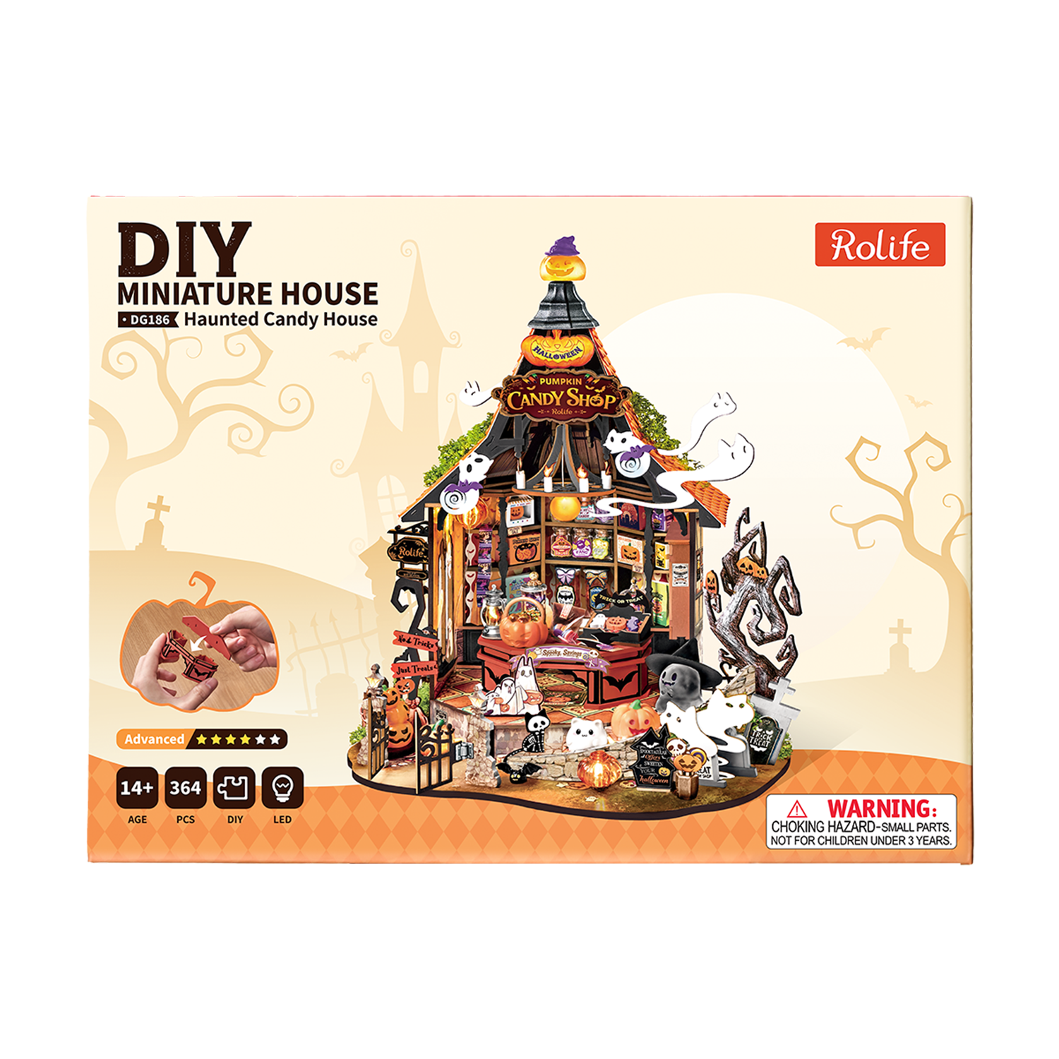 Rolife Haunted Candy House product packaging box with completed miniature house