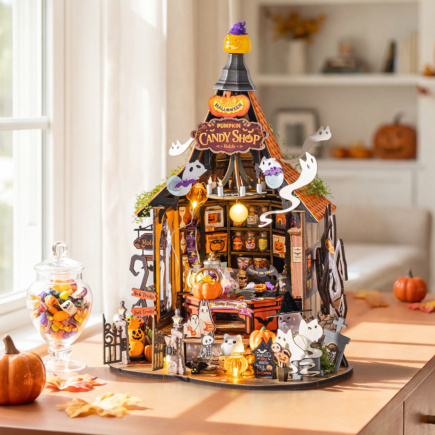 Rolife Haunted Candy House Halloween miniature display by a bright window