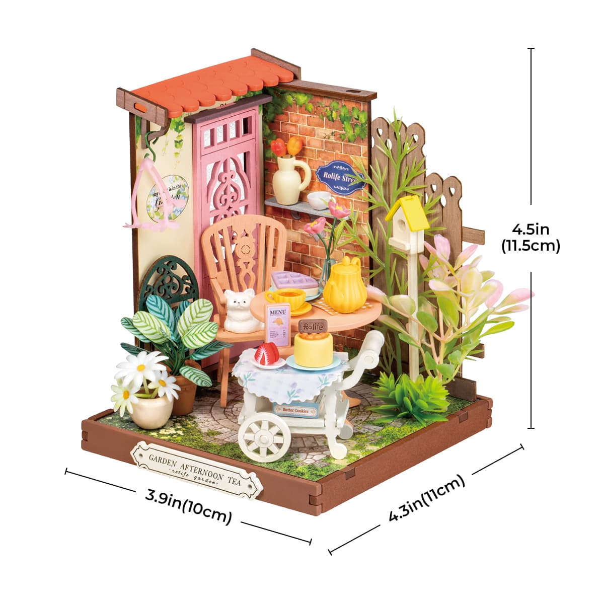 Rolife DIY Miniaturhaus - Fancyd Tea Yard DS038 Größe Grafik mit angegebenen Abmessungen