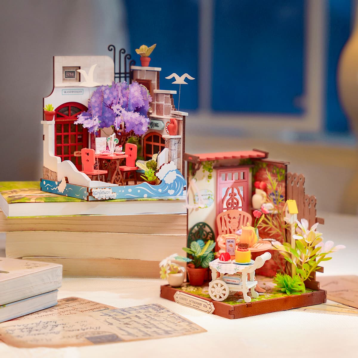 Rolife DIY Miniature House - Fancy Tea Yard DS038 display scene with another series miniature house