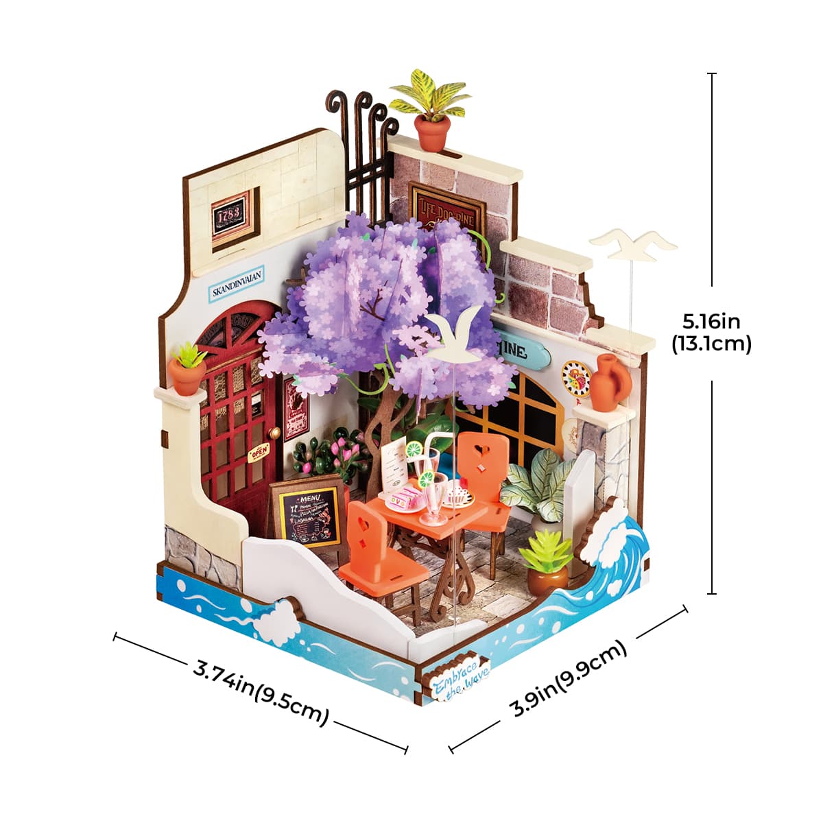 Rolife DIY Miniature House - Sea Holiday Restaurant DS039 size graphic with dimensions shown