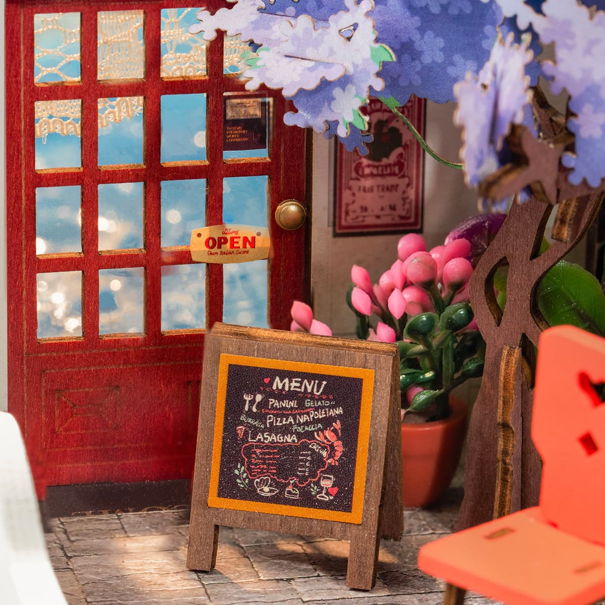 Rolife DIY Miniature House - Sea Holiday Restaurant DS039 door and menu board detail close-up