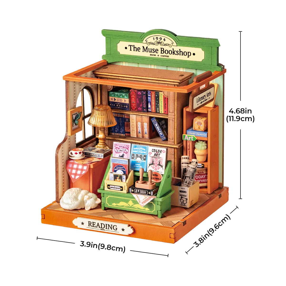 Rolife DIY Miniature House - La librería Muse DS040 tamaño gráfico con dimensiones mostradas