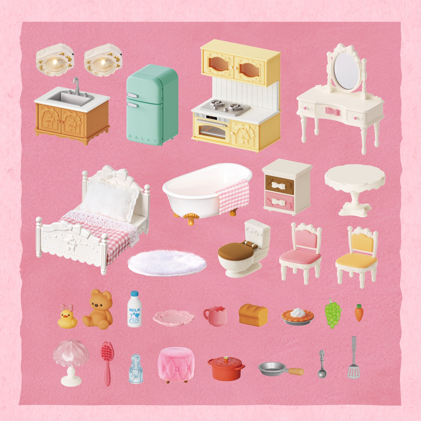 Rolife Fairy Rose Cottage HH001 accessory set with miniature furniture, dishes, decor, and tools.