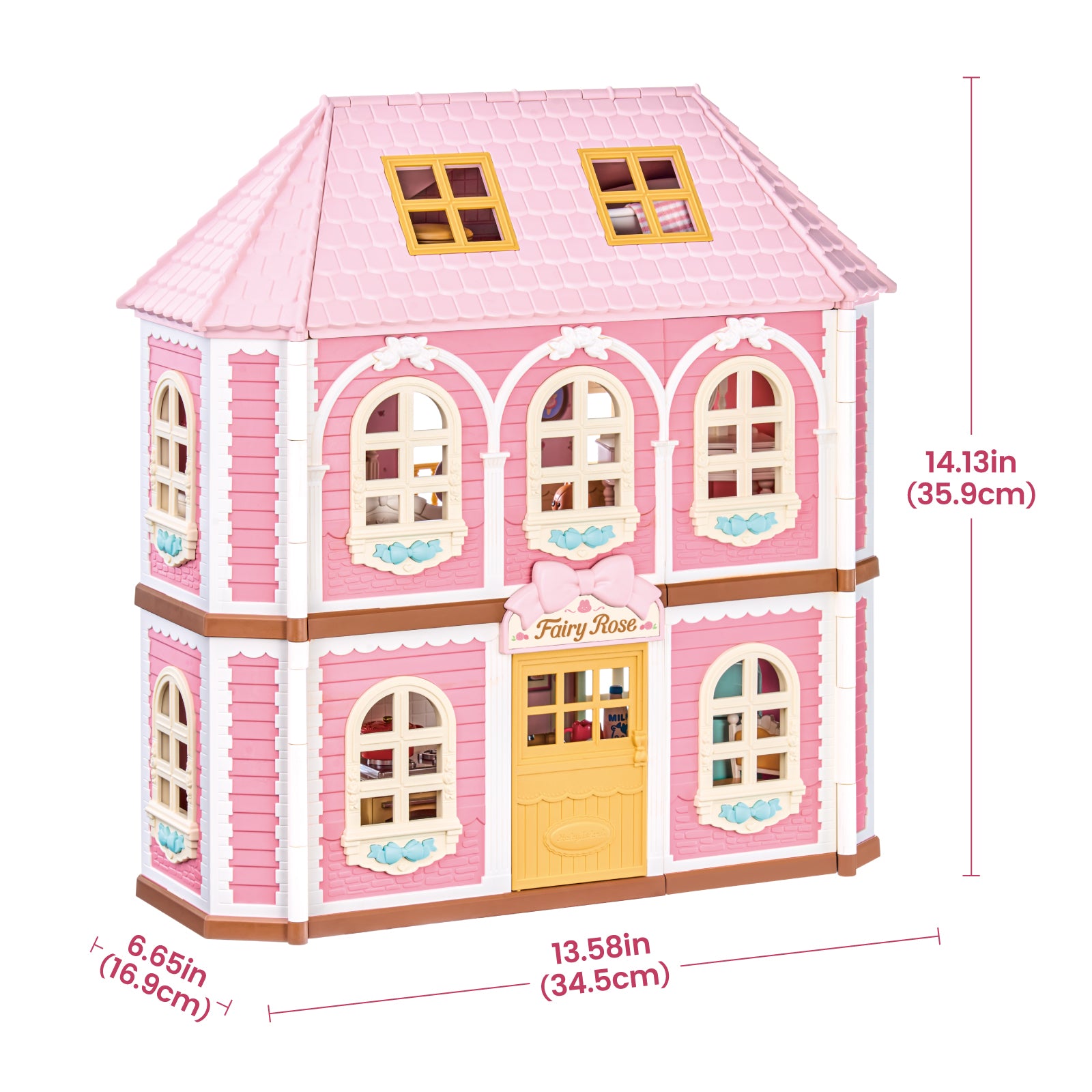 Rolife Fairy Rose Cottage HH001 dollhouse size chart showing height, width, and depth.