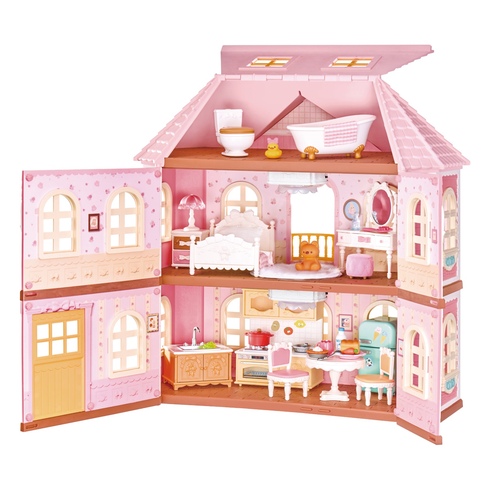 Rolife Fairy Rose Cottage HH001 opened dollhouse showing bedroom, kitchen, bathroom, and dining rooms.