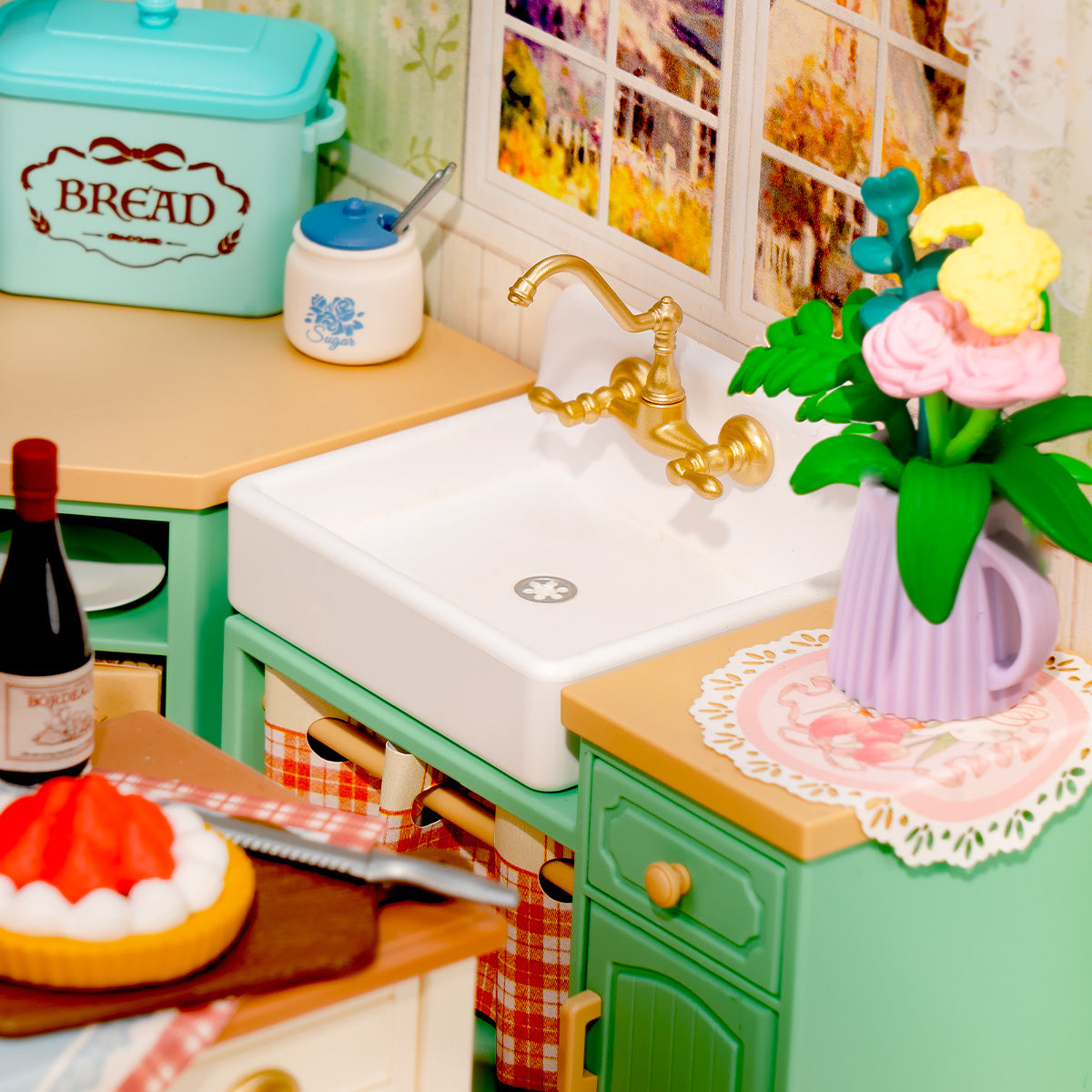 Farmhouse Kitchen DW024 close-up of the sink, flowers, and countertop details