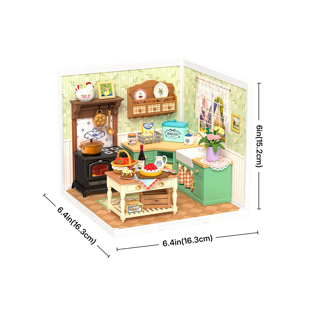 Farmhouse Kitchen DW024 size graphic, 16.3 x 16.3 x 15.2 cm miniature room