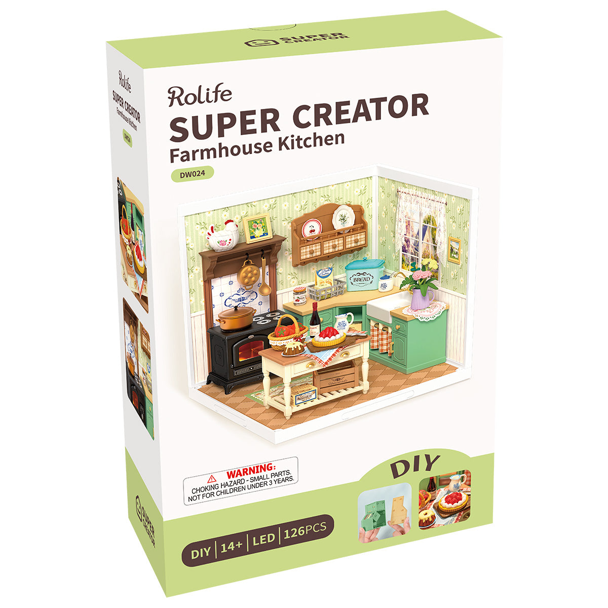 Rolife Farmhouse Kitchen DW024 product package with completed miniature room