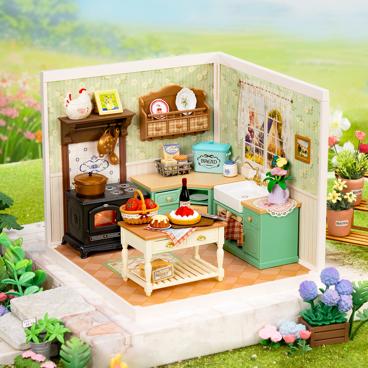 Farmhouse Kitchen DW024 miniature room in a soft outdoor display scene