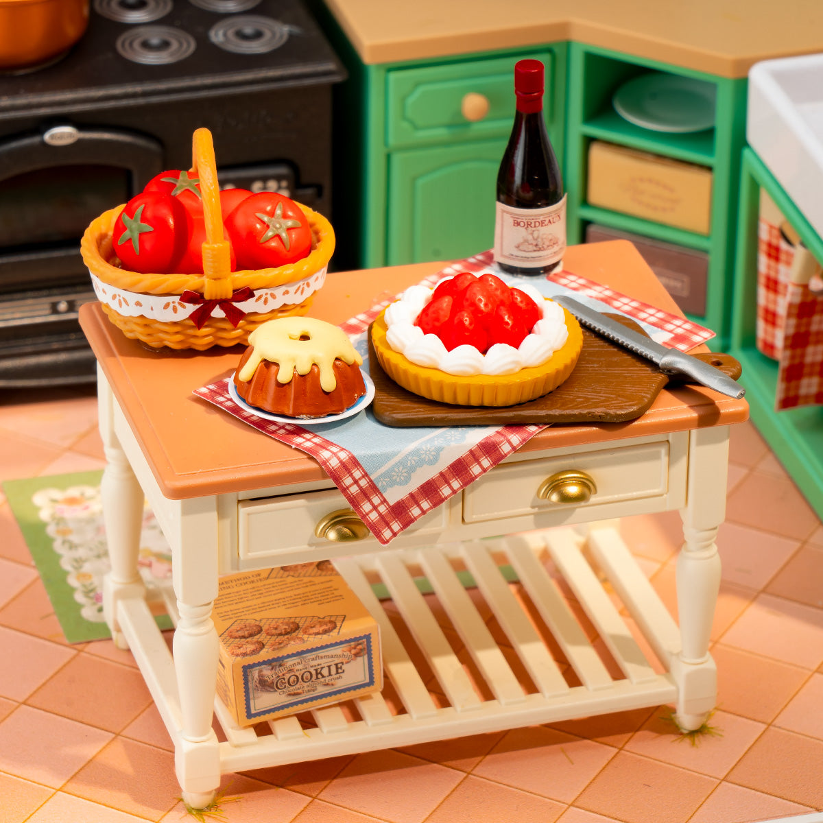 Farmhouse Kitchen DW024 close-up of the dessert table, fruit basket, and oven details