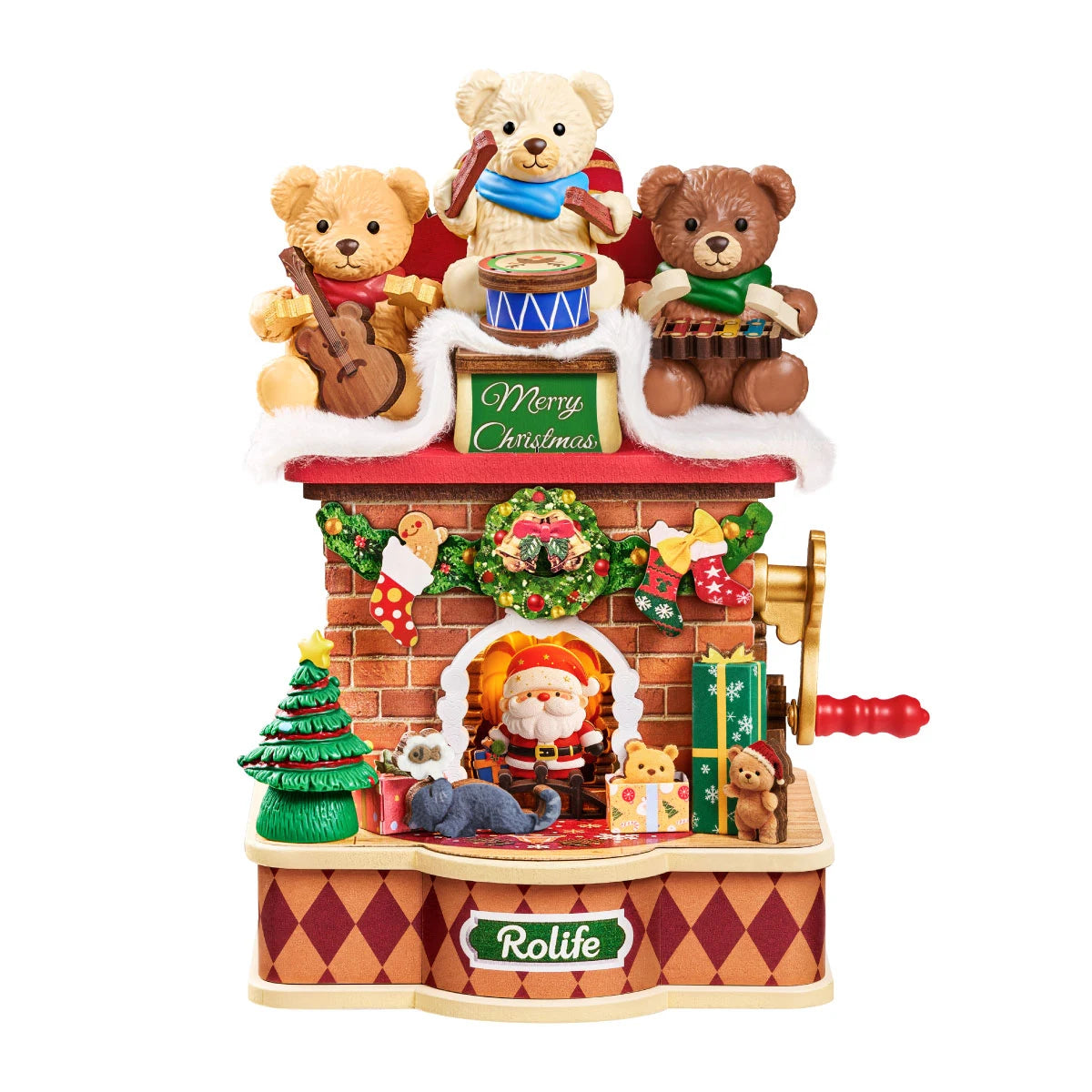 Rolife Christmas fireplace music box on white background, three teddy bears playing instruments above a Merry Christmas sign, brick fireplace with Santa, tree, gifts and red crank handle.
