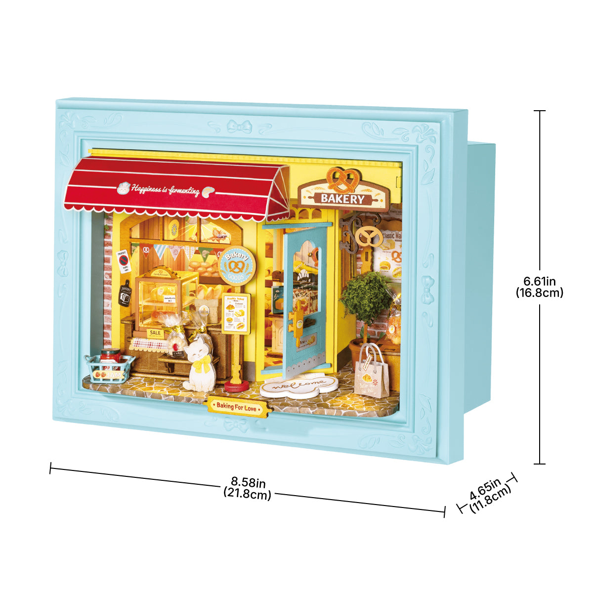 Fluffy Cat Bakery DP001 size graphic, 21.6 x 4.8 x 16.6 cm story frame