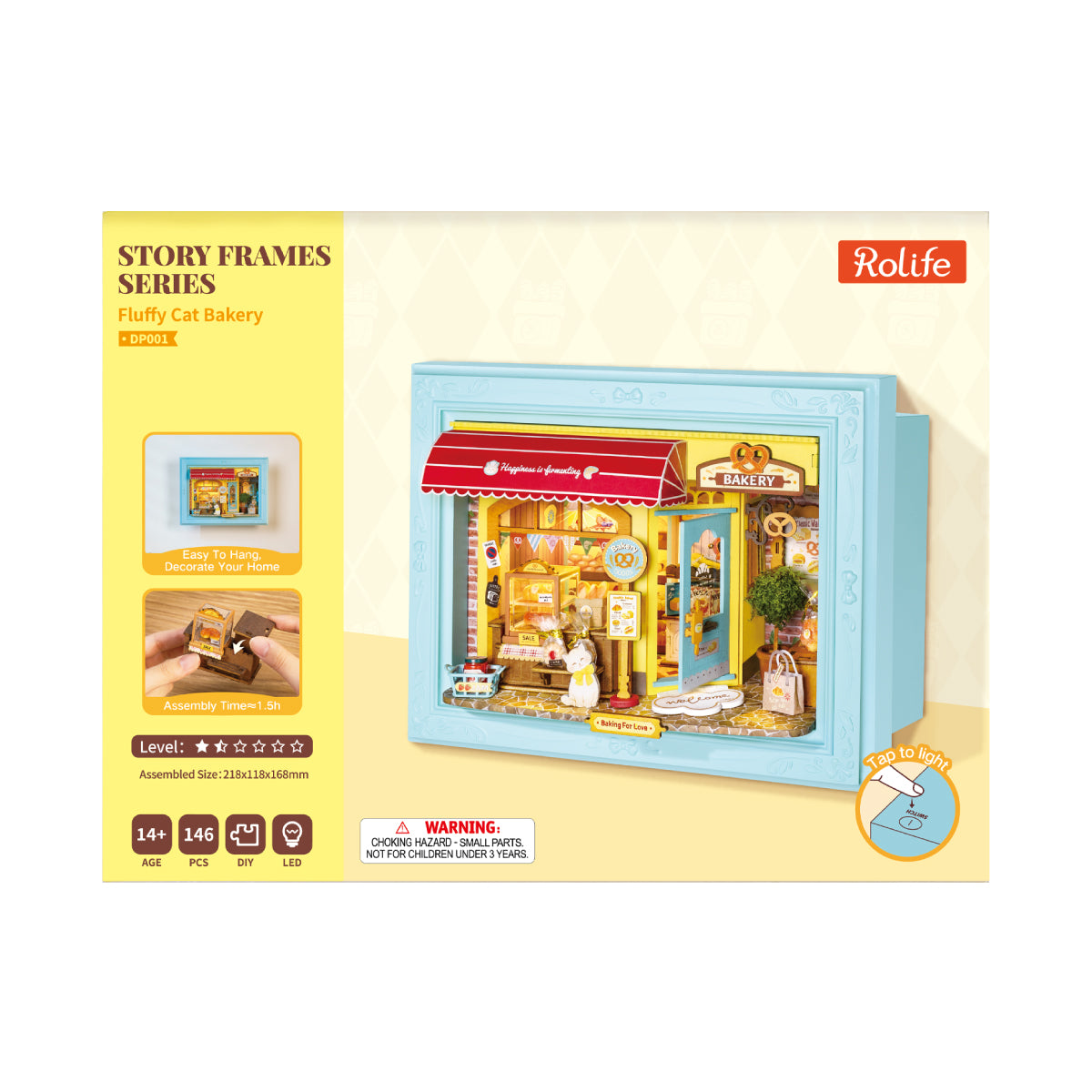 Rolife Fluffy Cat Bakery DP001 product package with completed story frame