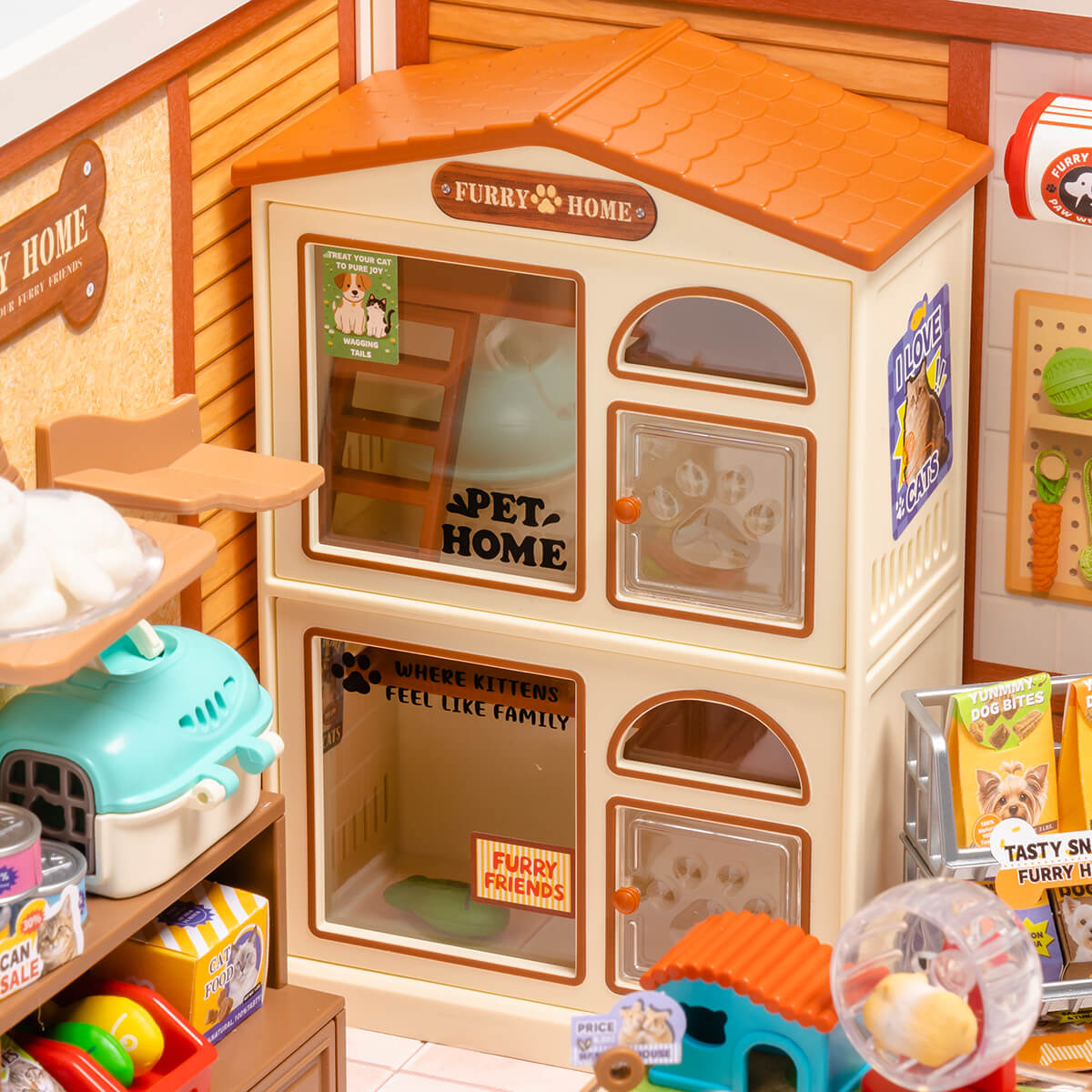Furry Friends' Home side detail showing pet house, door, shelves, and wall signs