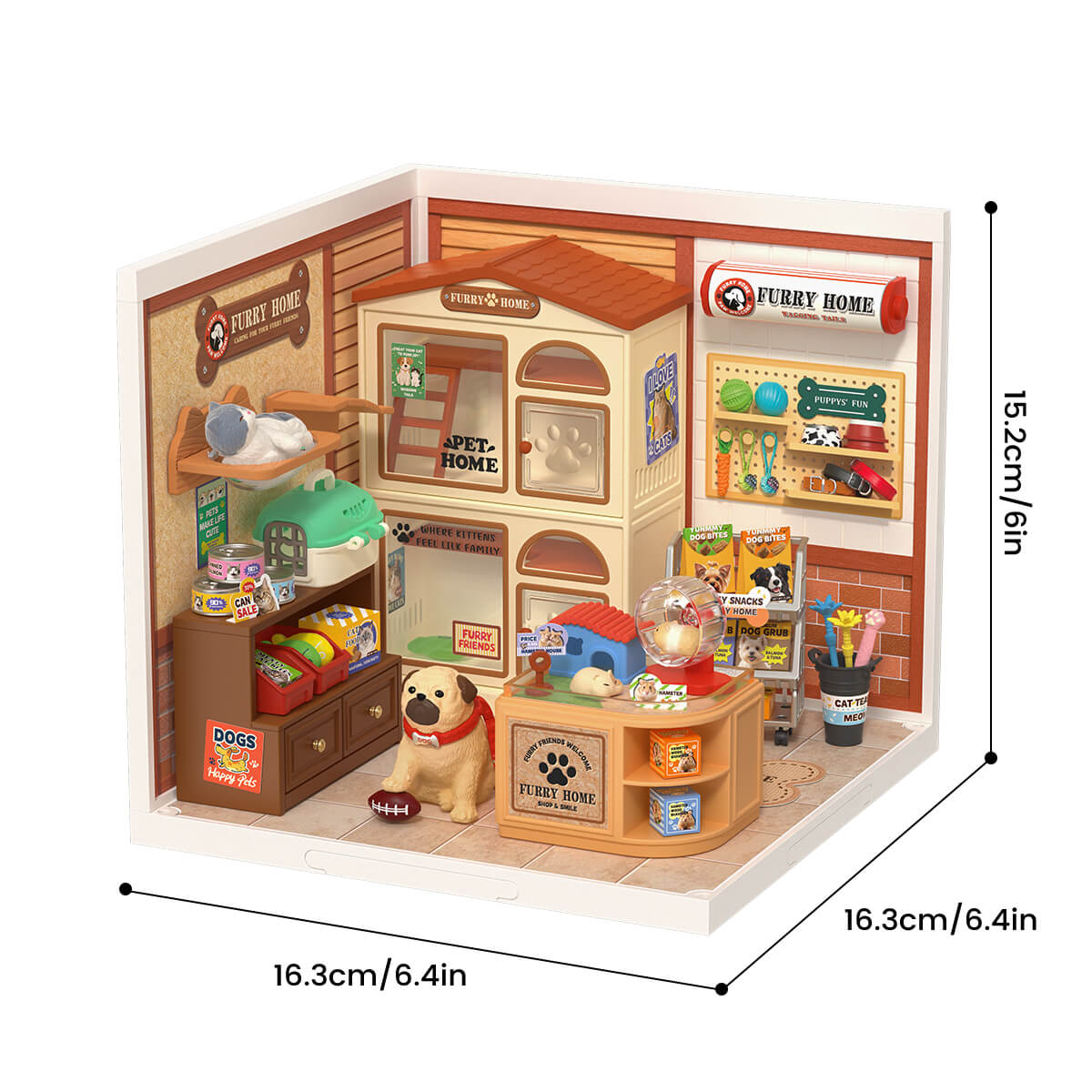 Furry Friends' Home DW027 size graphic, 16.3x16.3x15.2cm, 6.4x6.4x6in finished model