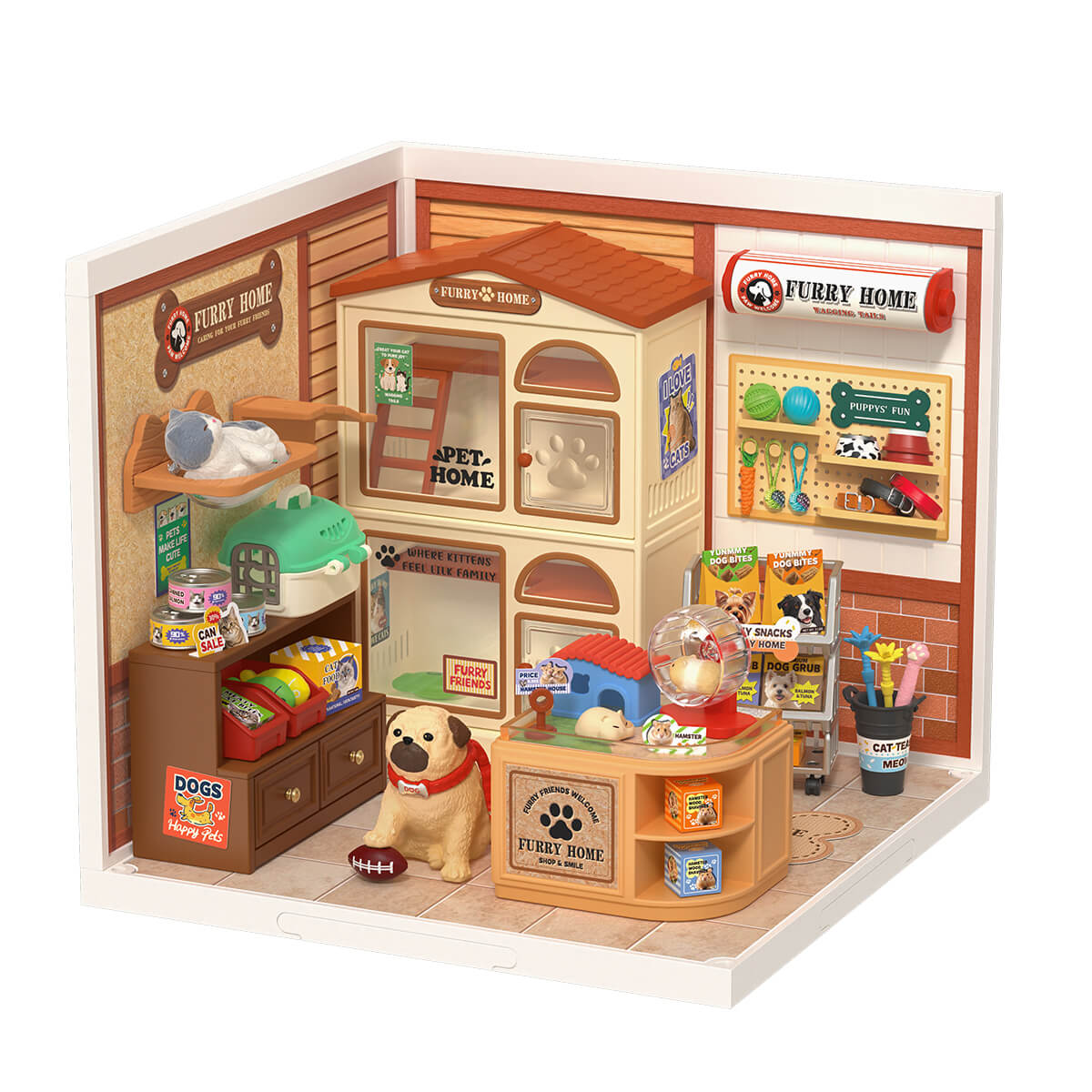 Rolife Furry Friends' Home DW027 white background product view with pet shop interior
