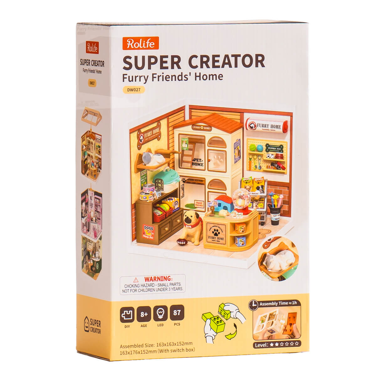 Furry Friends' Home DW027 package beside completed Super Creator pet room model