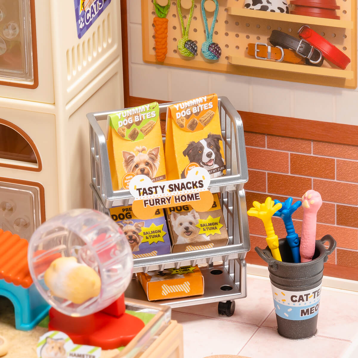 Close-up of Furry Friends' Home snack rack, toy bucket, pet ball, and pencils