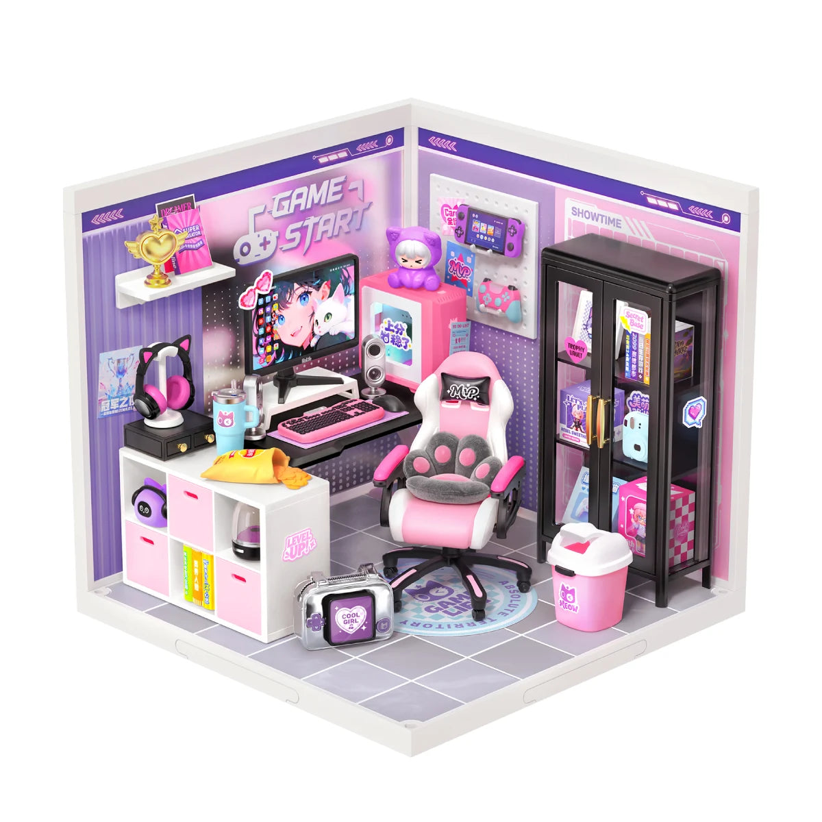 Miniature gaming room diorama with pink and white gaming chair, desk setup, monitor, black display cabinet, and pink storage unit on tiled floor.