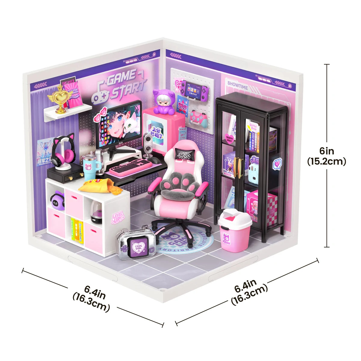 Miniature gaming room diorama shown with dimensions: 6.4in (16.3cm) width, 6.4in (16.3cm) depth, 6in (15.2cm) height.