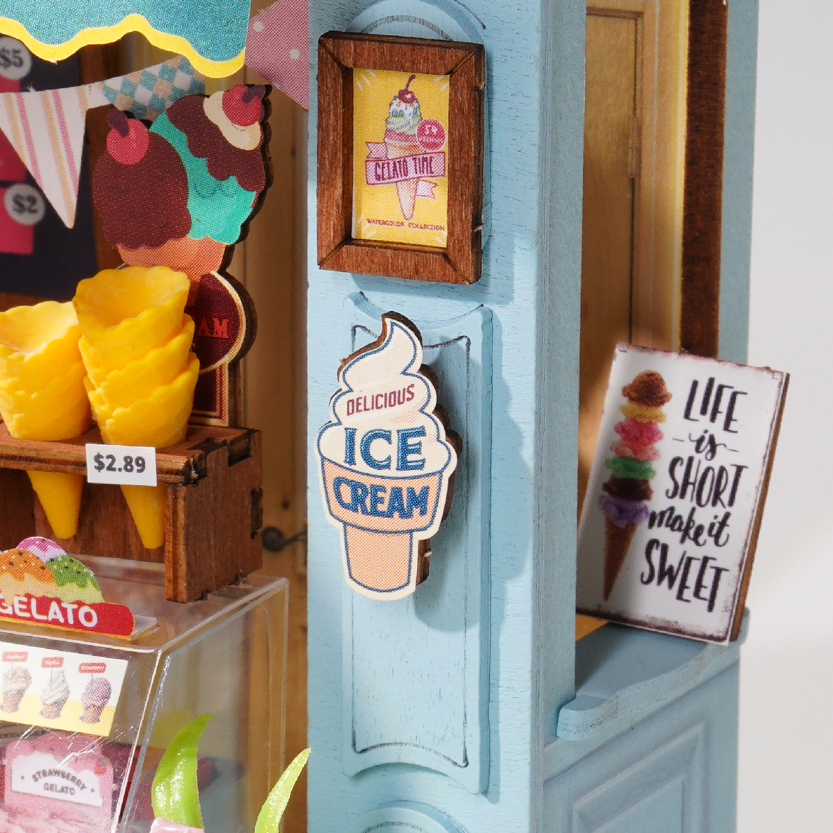Gelato Stall Shop side details with ice cream sign, door, and wall poster