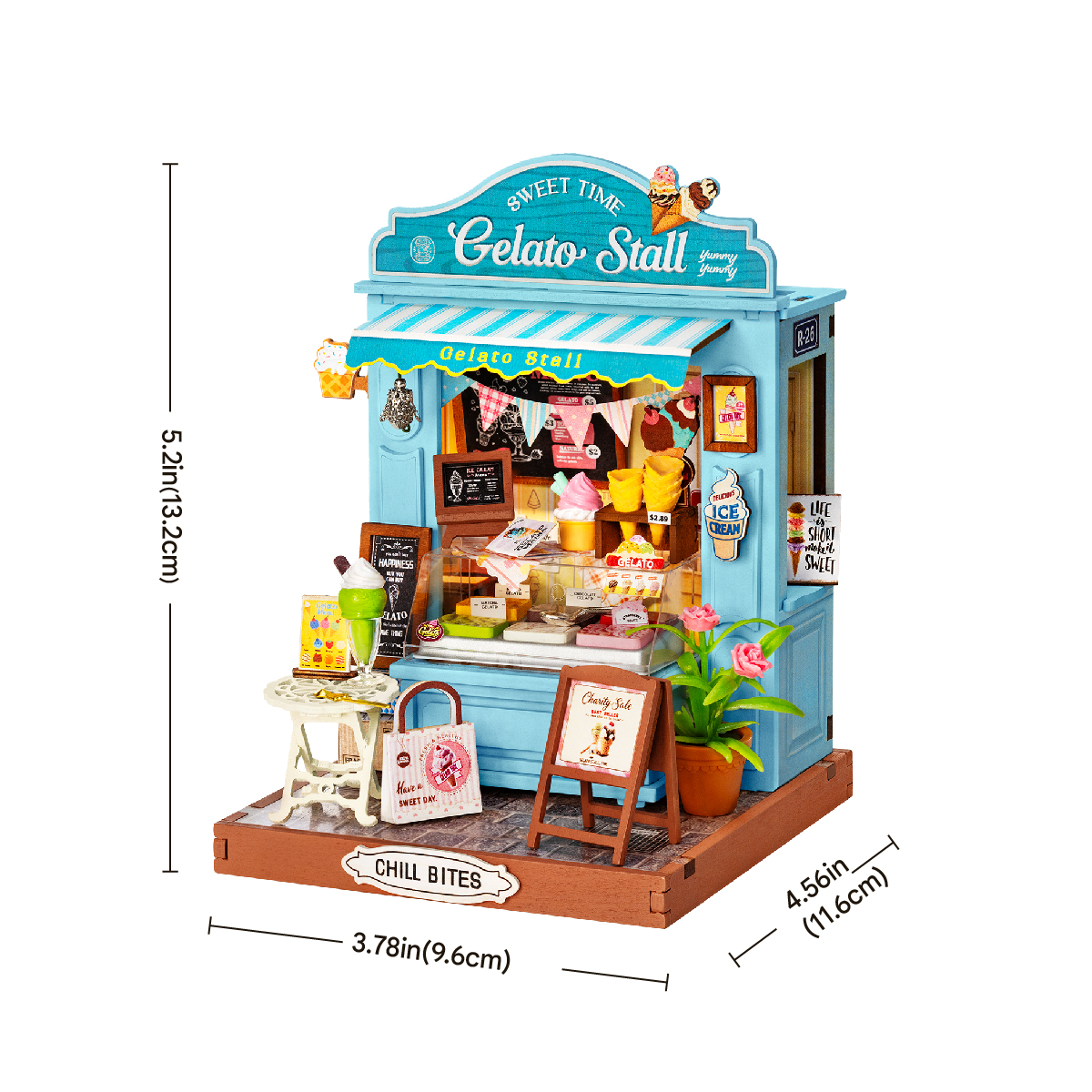 Gelato Stall Shop DS052 size graphic, 9.6x11.6x13.2cm, 3.78x4.56x5.2in finished model