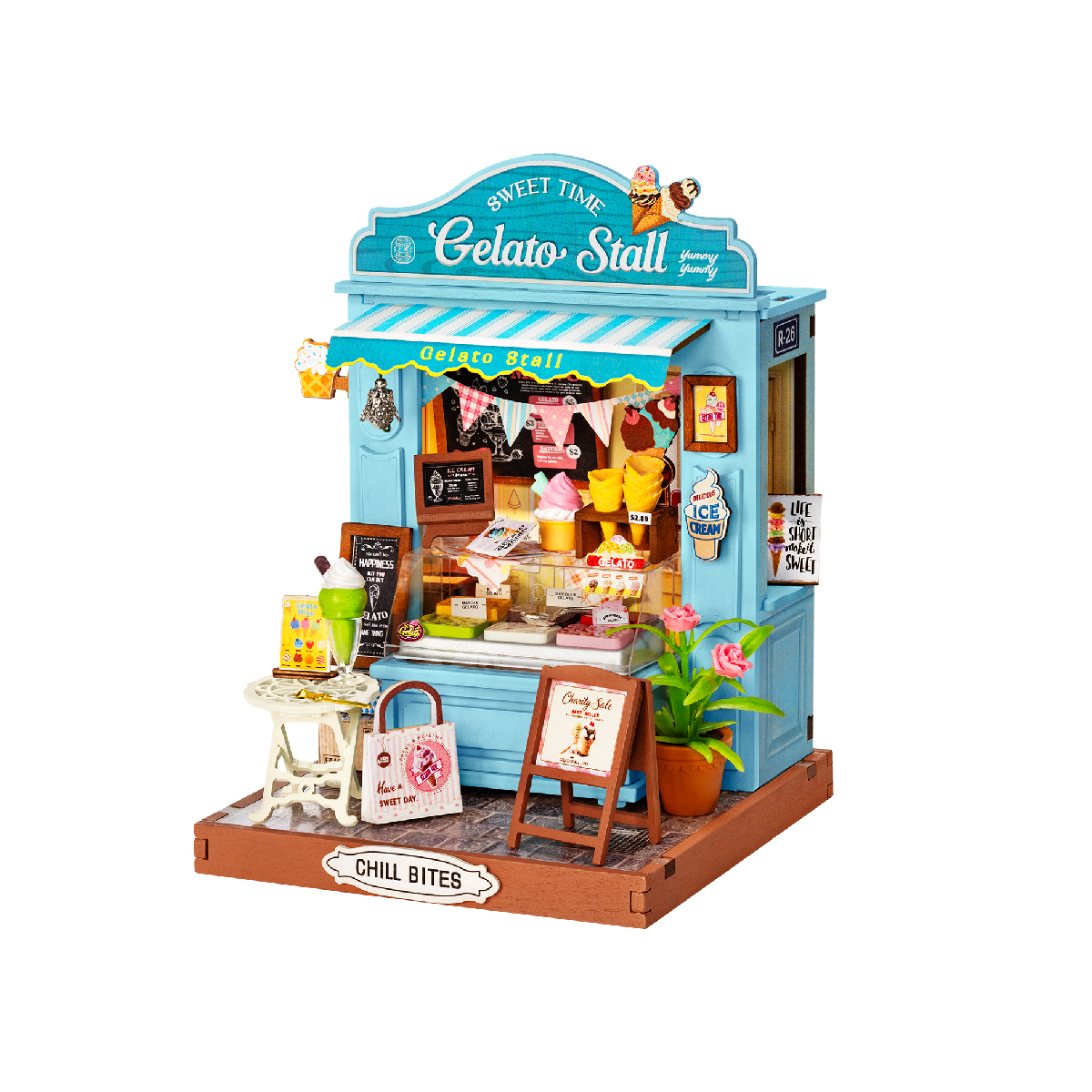 Rolife Gelato Stall Shop DS052 vista del producto con fondo blanco y fachada azul