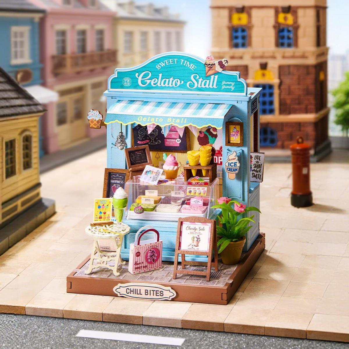 Rolife Gelato Stall Shop miniatura de puesto de postres con toldo pastel y mostrador