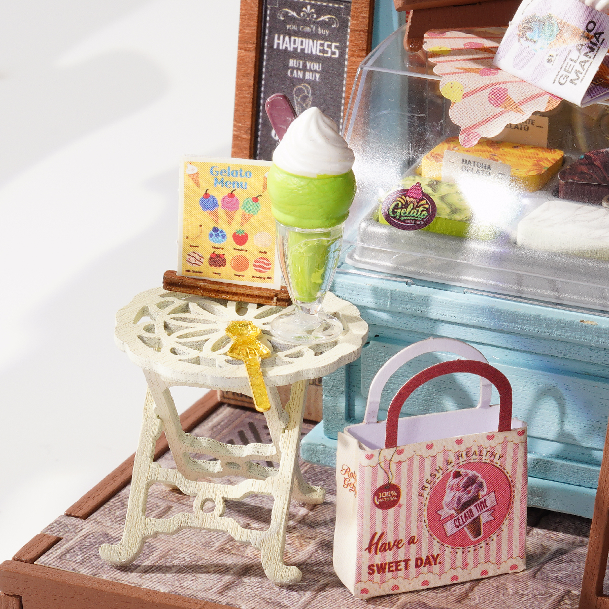 Close-up of Gelato Stall Shop table, cone, shopping bag, and storefront details