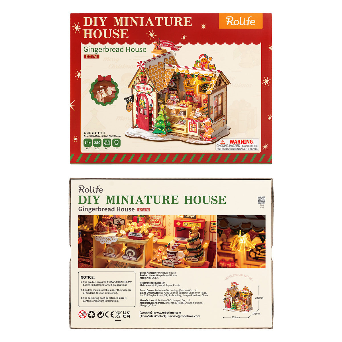 Rolife Gingerbread House DG176 product package with completed miniature house