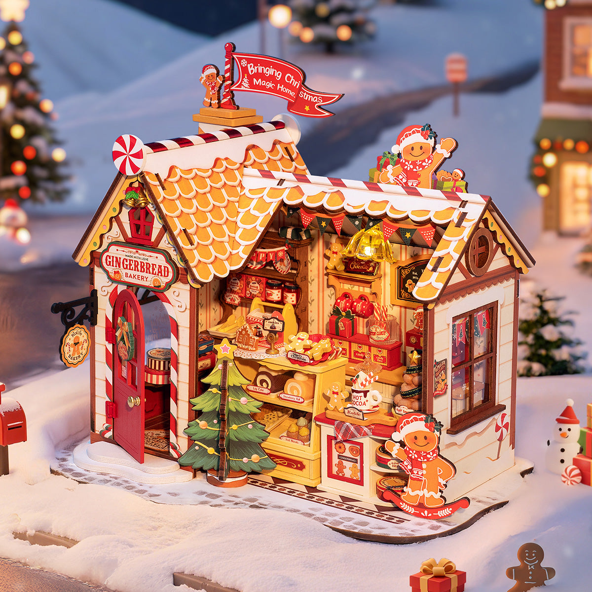 Rolife Gingerbread House DG176 miniature bakery in a warm Christmas tabletop scene