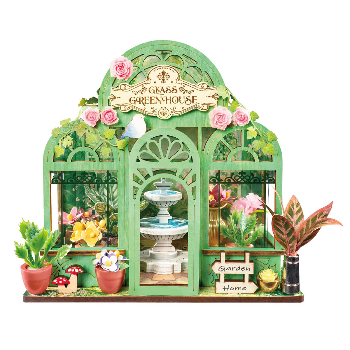 Rolife Green Fountain Garden DS049 weiße Hintergrund Miniatur-Gewächshaus Produktansicht