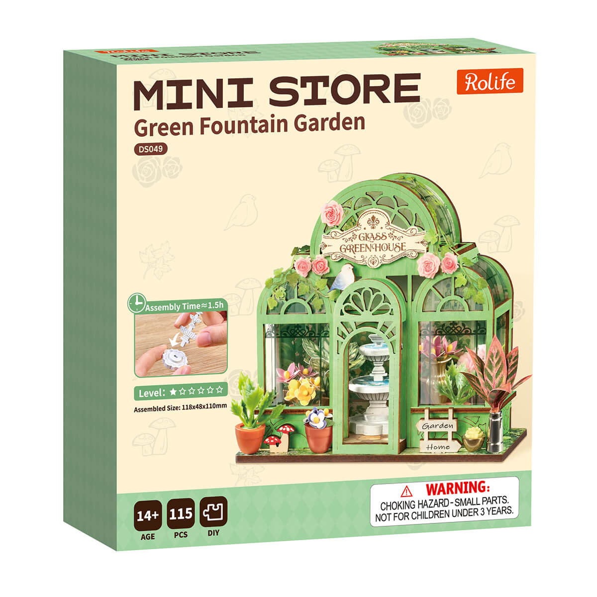 Rolife Green Fountain Garden DS049 Produktpaket mit vollständig miniaturisiertem Gewächshaus