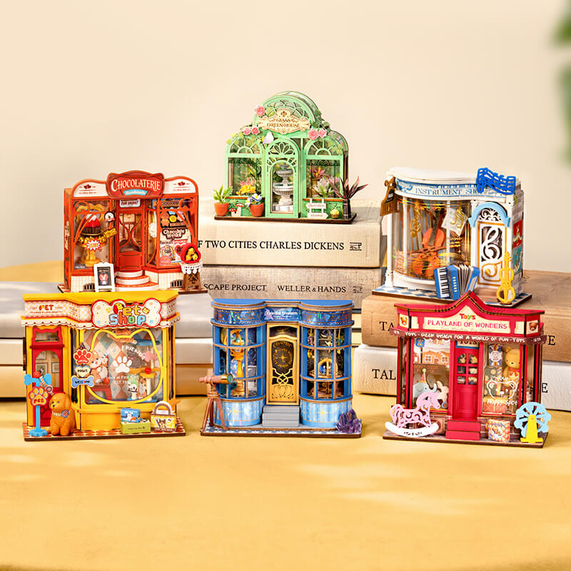 Rolife Mini Stores Serienkollektion mit fünf Miniatur-Shop-Modellen