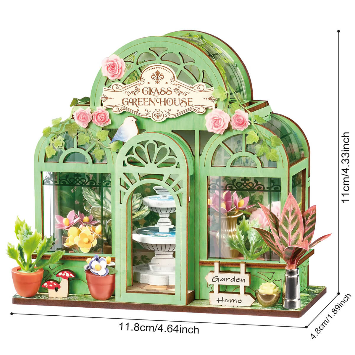 Grüner Springbrunnen Garten DS049 Größe Grafik, 11,8 x 4,8 x 11 cm fertiges Miniaturhaus