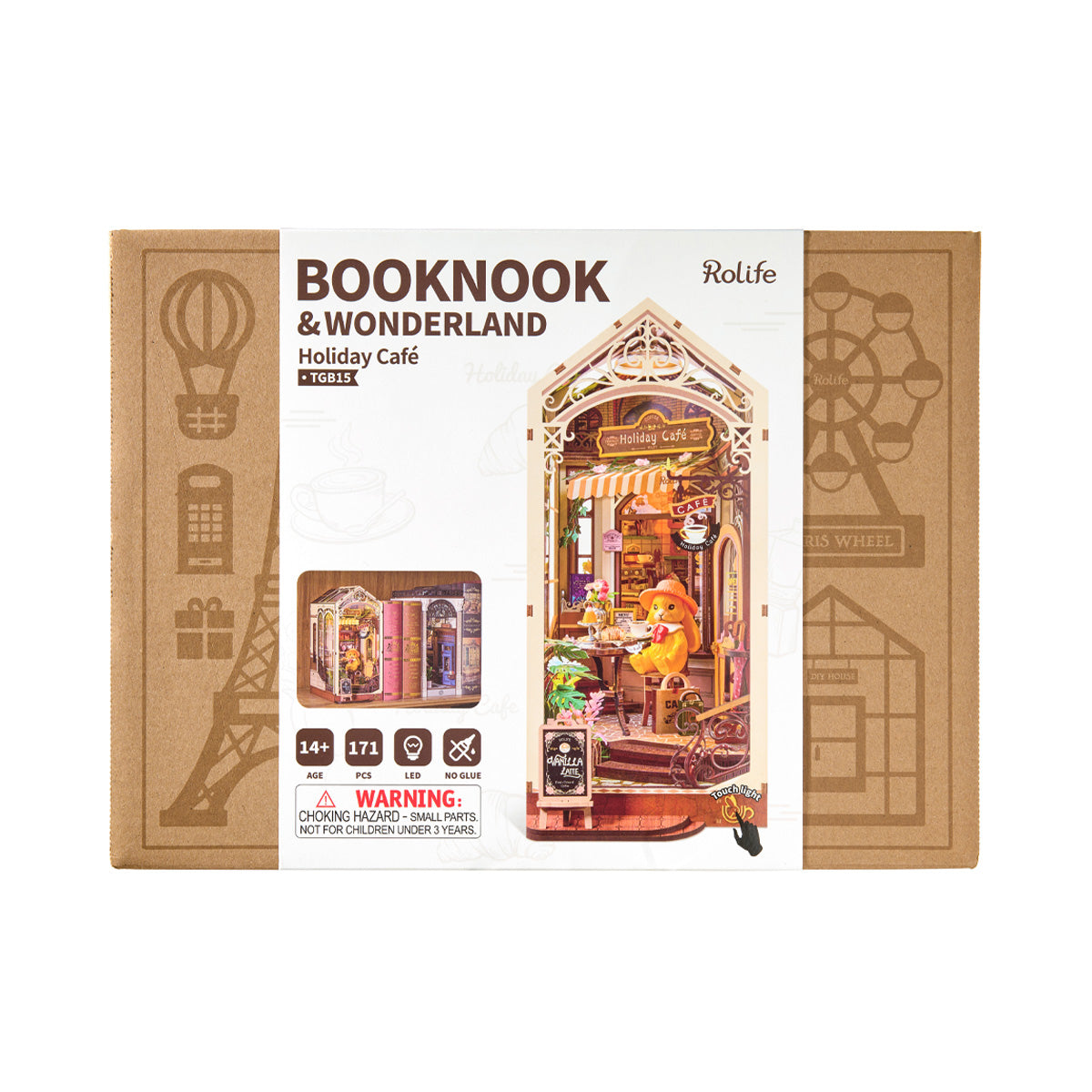 Rolife Holiday Cafe TGB15 product package with completed book nook