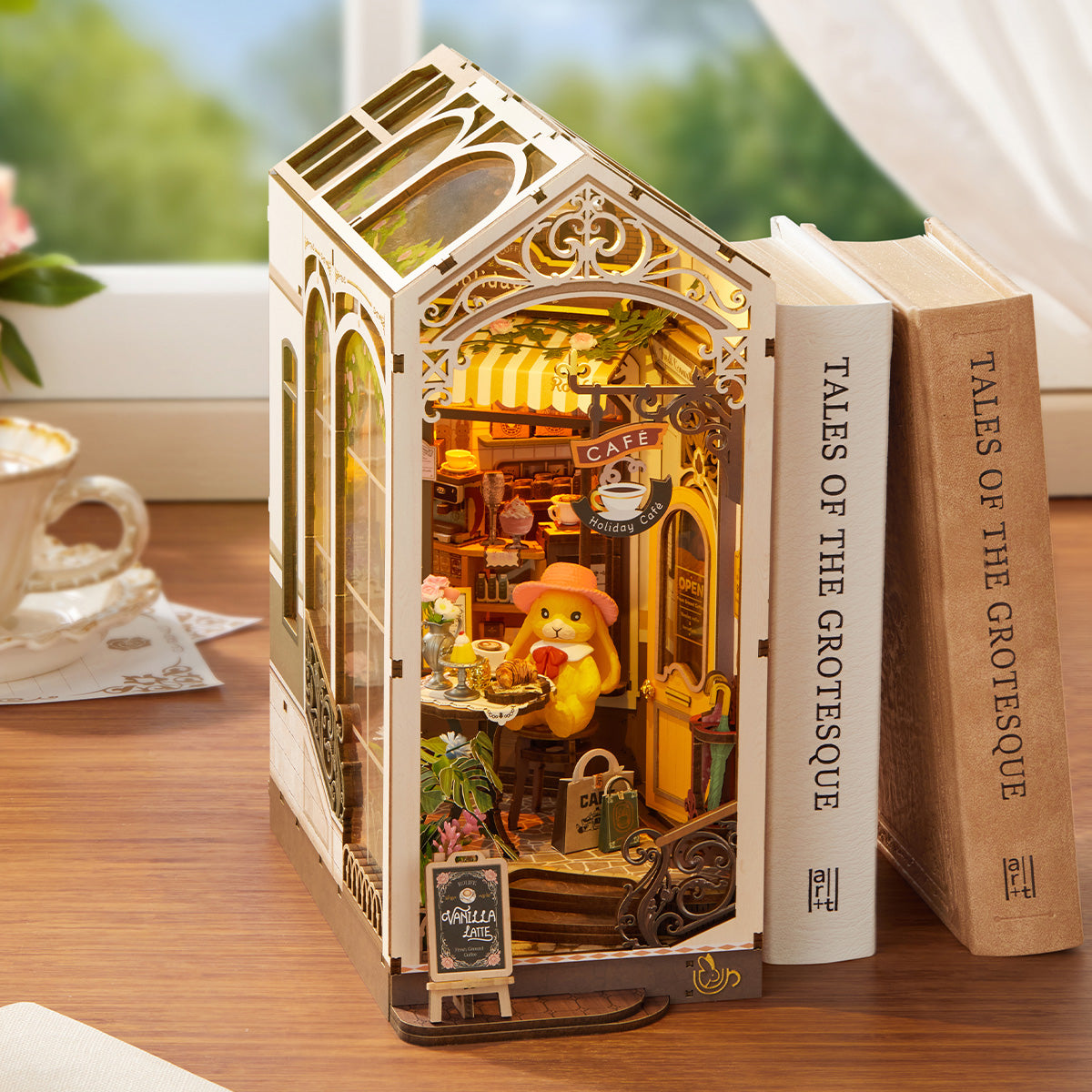 Holiday Cafe TGB15 tabletop display scene beside books from a side angle