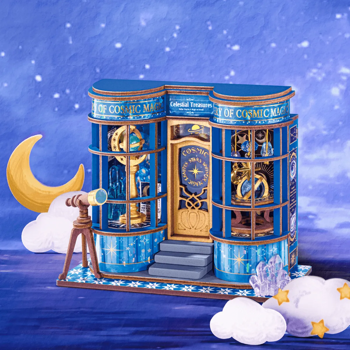 Rolife Magic Astronomy Shop DS048 miniature cosmic shop in a moonlit display scene