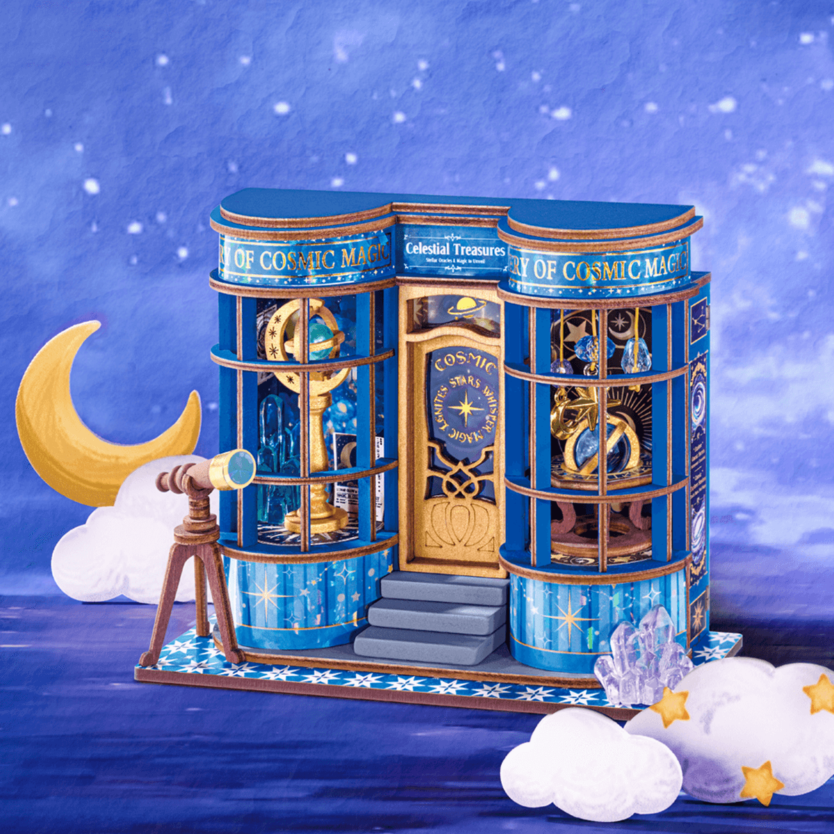 Rolife Magic Astronomy Shop DS048 miniatuur kosmische winkel in een maanverlichte tentoonstellingsscène