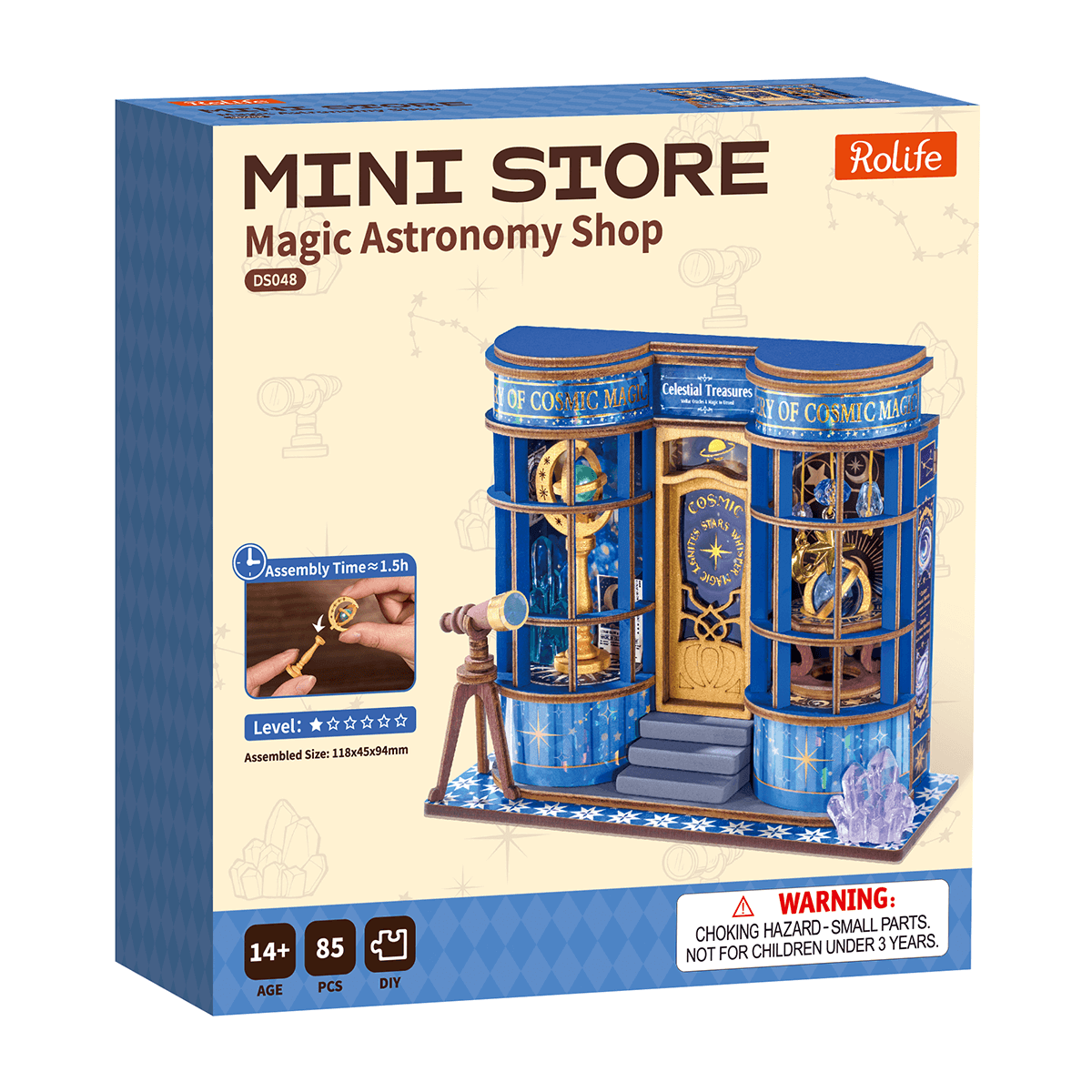 Rolife Magic Astronomy Shop DS048 product package with completed miniature astronomy shop