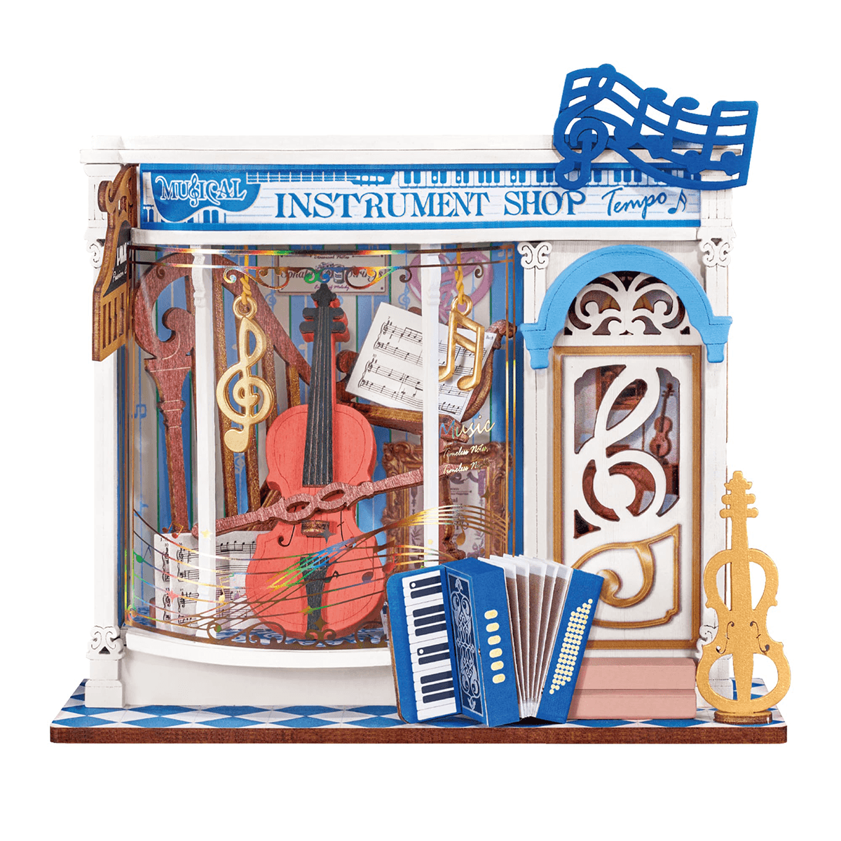 Rolife Melody Instrument Shop DS047 vista del producto de la tienda de música en miniatura con fondo blanco