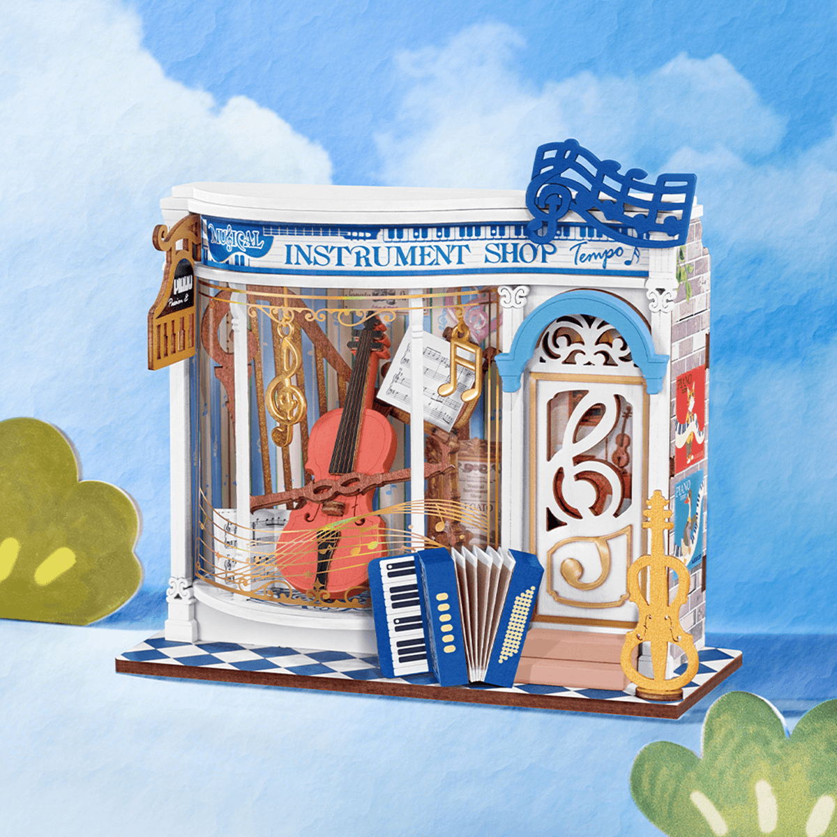 Rolife Melody Instrument Shop DS047 tienda de música en miniatura en un fondo azul