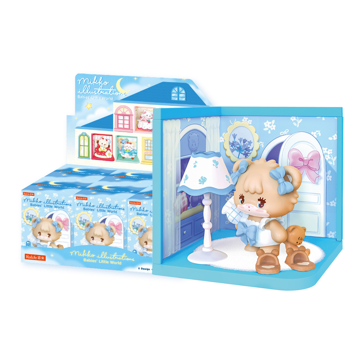 Rolife Mikko Babies Little World blind box display met een opvallende figuur en verpakking
