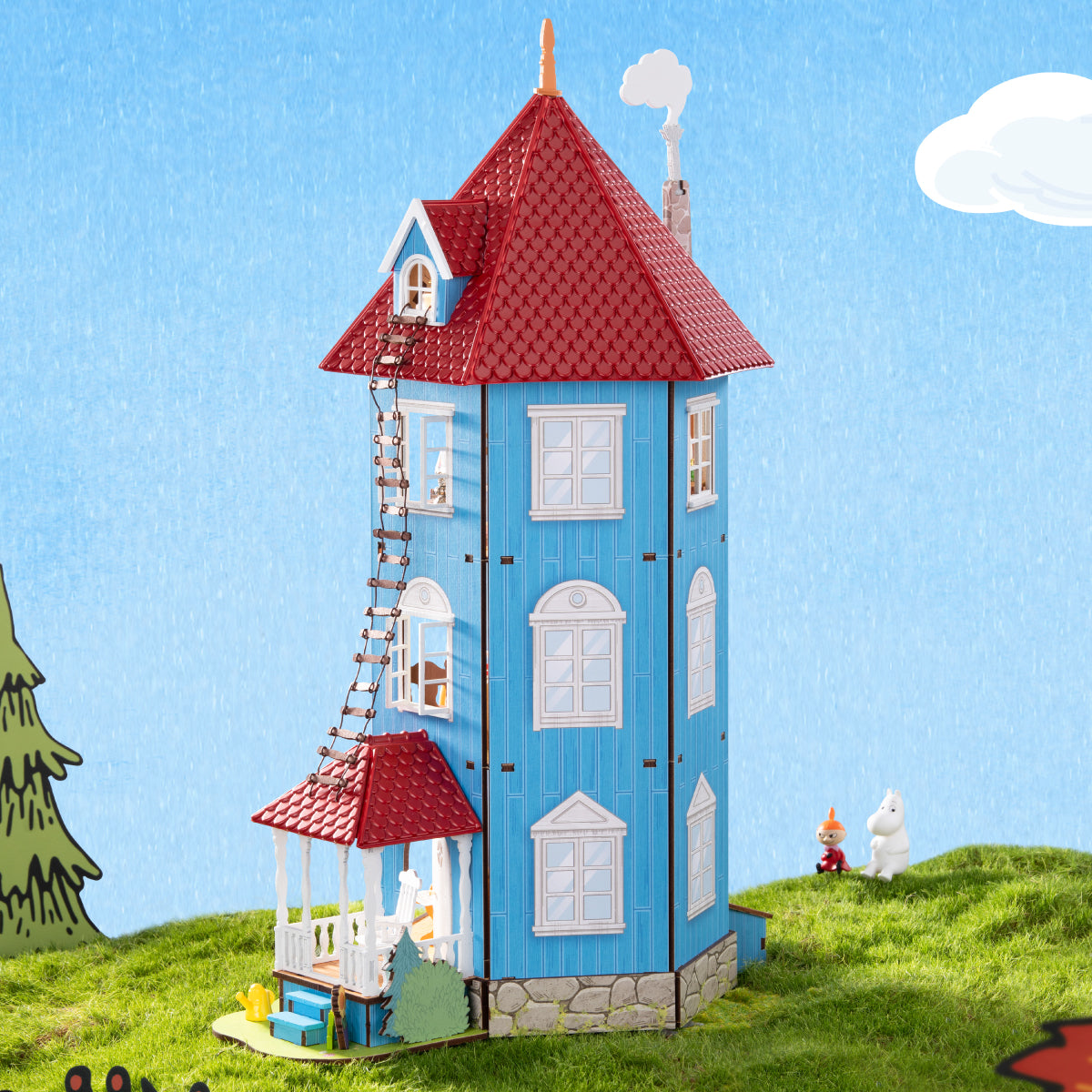 Rolife Moominhouse maison miniature DIY scène extérieure avec des murs bleus et un toit rouge