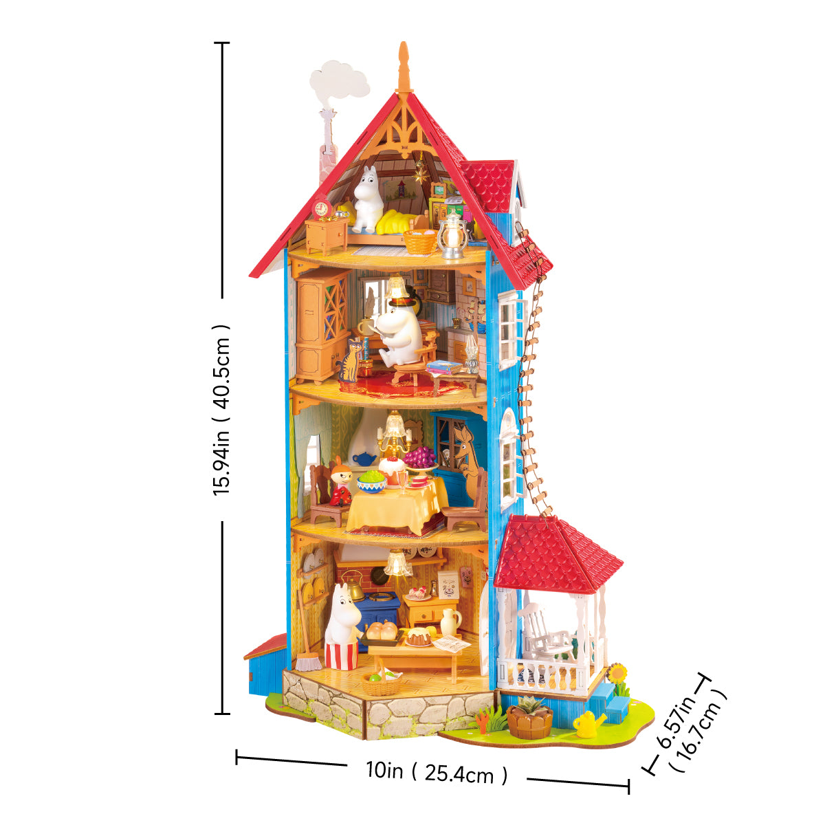 Rolife Moominhouse DIY miniature house tableau des tailles montrant des dimensions de 25.4x16.7x40.5 cm