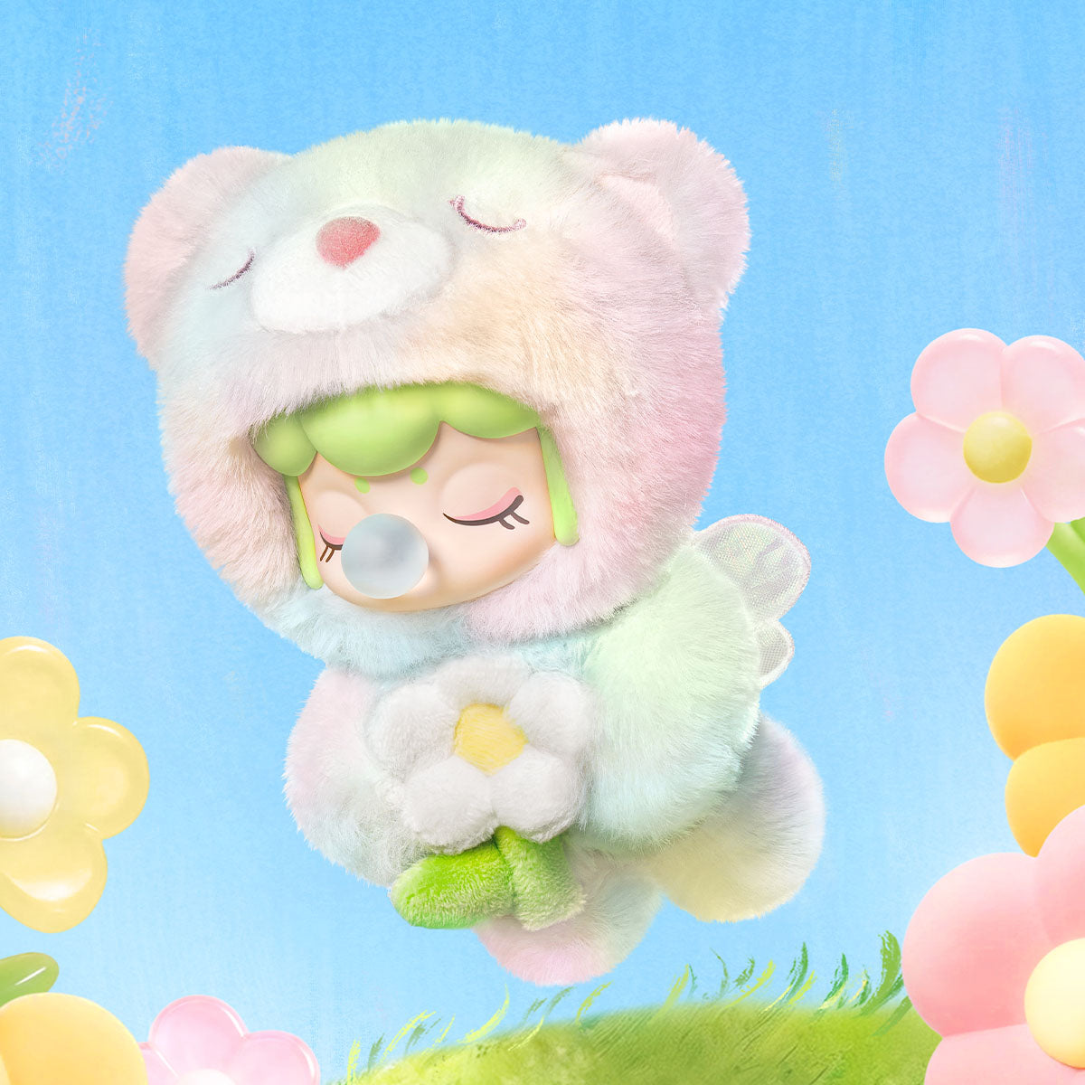 Rolife Nanci Spring Bear MN003 Plüschanhänger mit weichen Flügeln und pastellfarbenen Blumen.