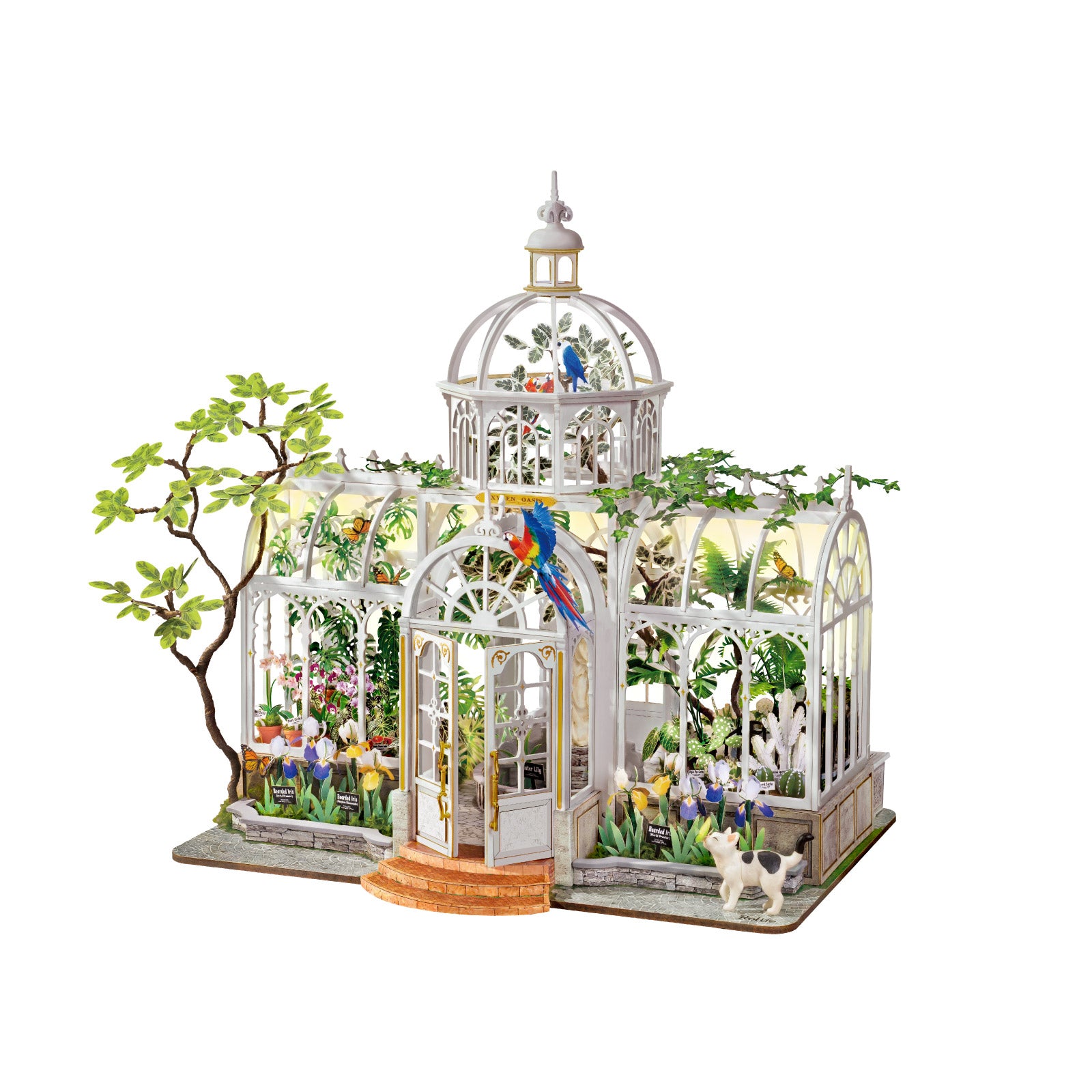 Rolife Oxygen Oasis DH102 miniature greenhouse side view with plants and glasshouse frame